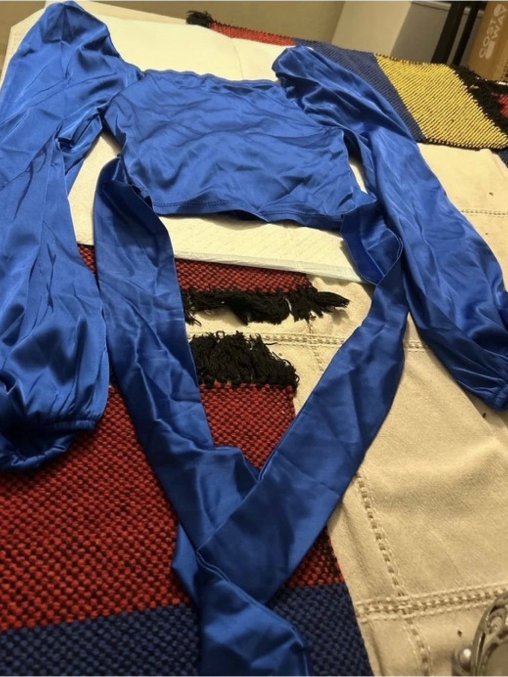 Amazon Blue Satin Long-Sleeve Wrap Crop Top